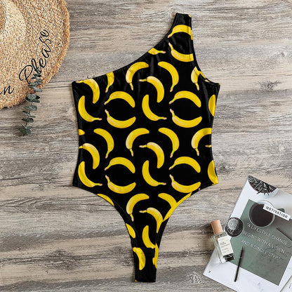 Black Banana Pattern Print One Shoulder Bodysuit