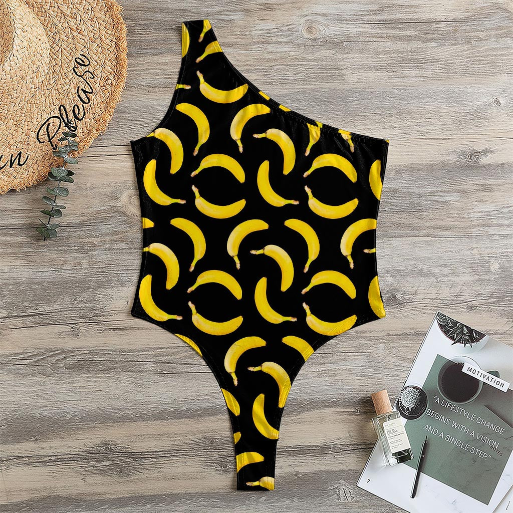 Black Banana Pattern Print One Shoulder Bodysuit