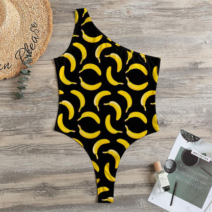 Black Banana Pattern Print One Shoulder Bodysuit