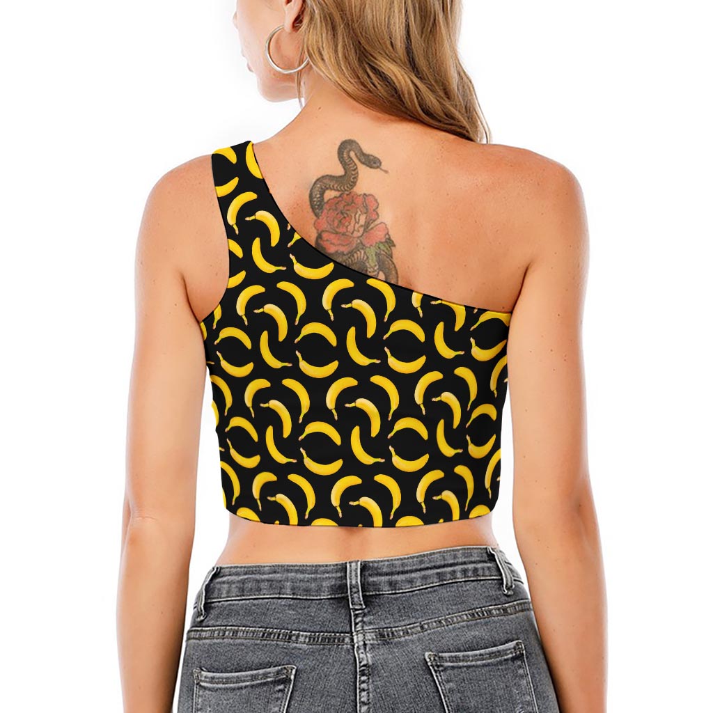 Black Banana Pattern Print One Shoulder Crop Top