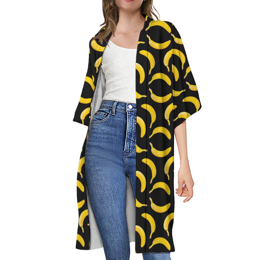 Black Banana Pattern Print Open Front Beach Cover Up