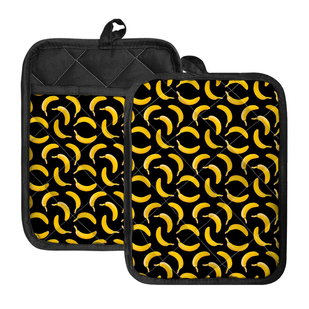 Black Banana Pattern Print Pot Holders With Pocket