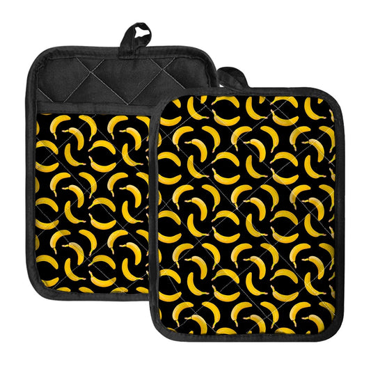 Black Banana Pattern Print Pot Holders With Pocket