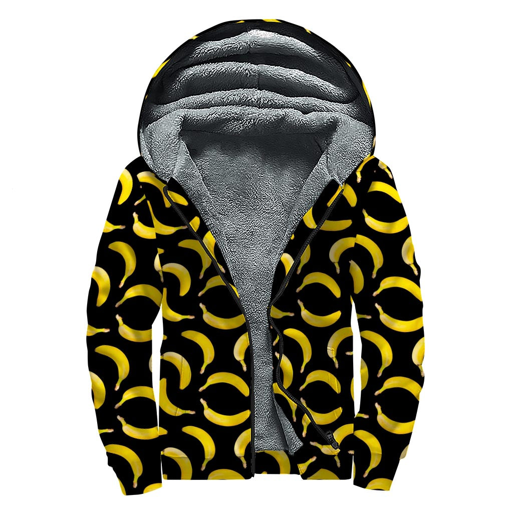 Black Banana Pattern Print Sherpa Lined Zip Up Hoodie