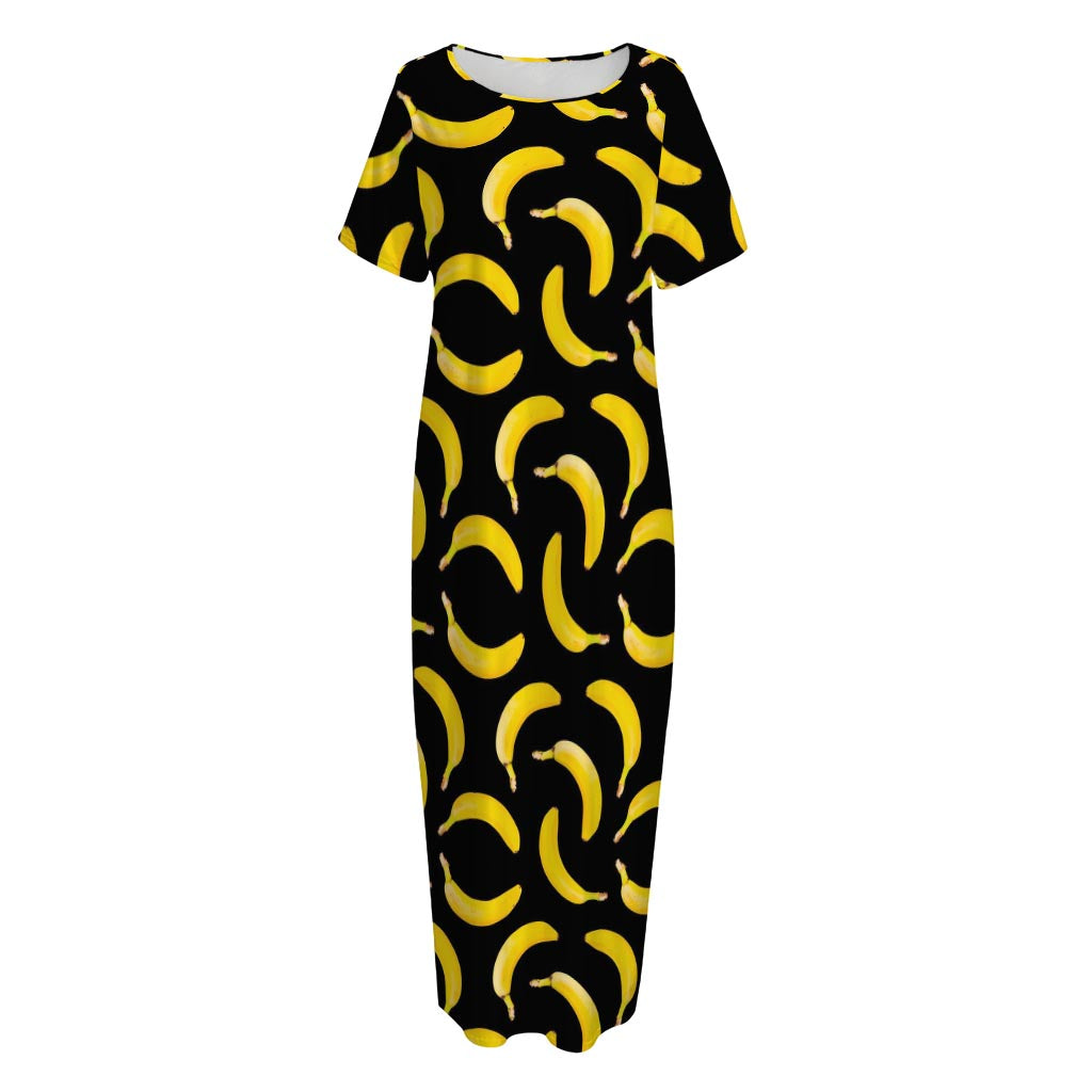 Black Banana Pattern Print Short Sleeve Long Nightdress