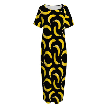 Black Banana Pattern Print Short Sleeve Long Nightdress