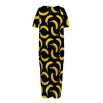 Black Banana Pattern Print Short Sleeve Long Nightdress