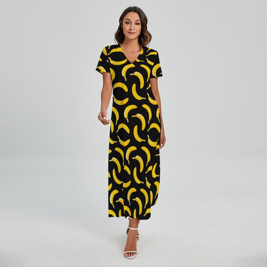 Black Banana Pattern Print Short Sleeve Maxi Dress