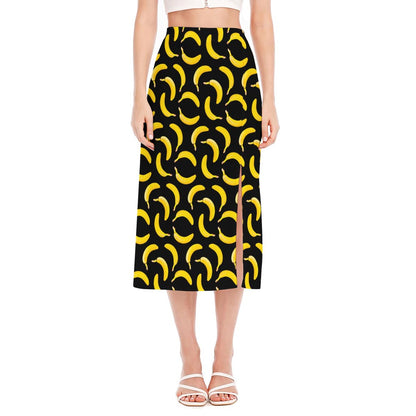 Black Banana Pattern Print Side Slit Midi Skirt
