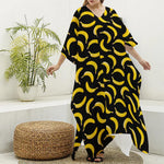 Black Banana Pattern Print Silk V-Neck Kaftan Dress