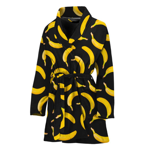 Black Banana Pattern Print Women's Bathrobe