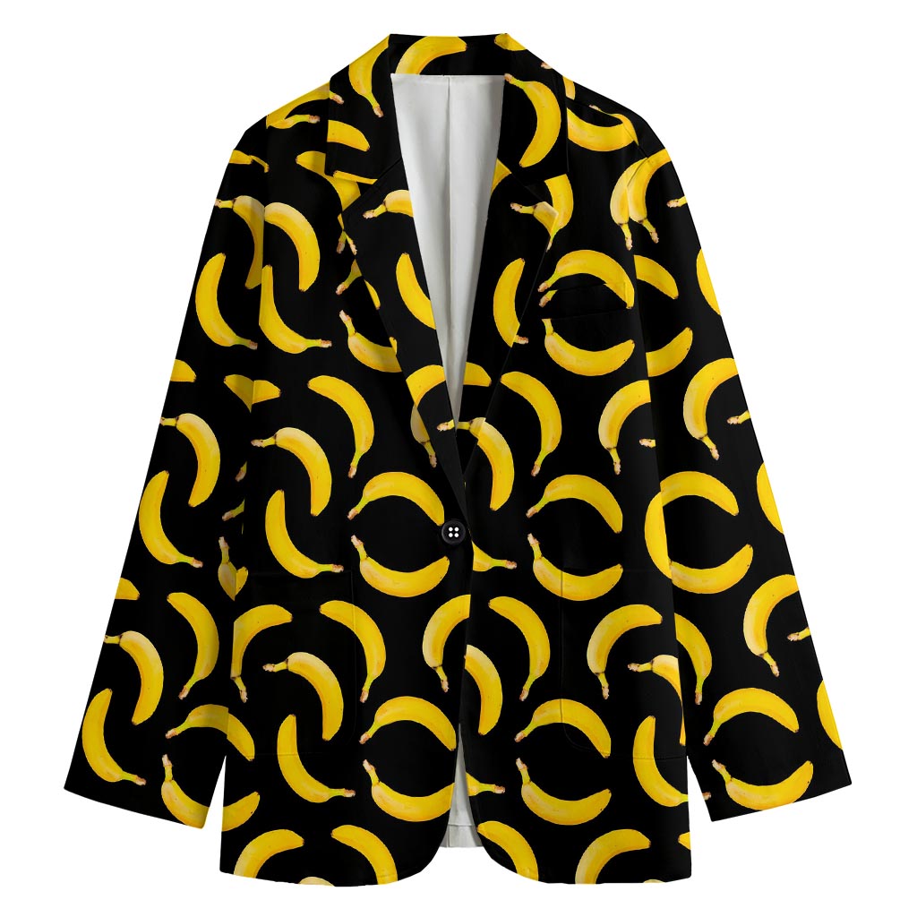 Black Banana Pattern Print Women's Cotton Blazer