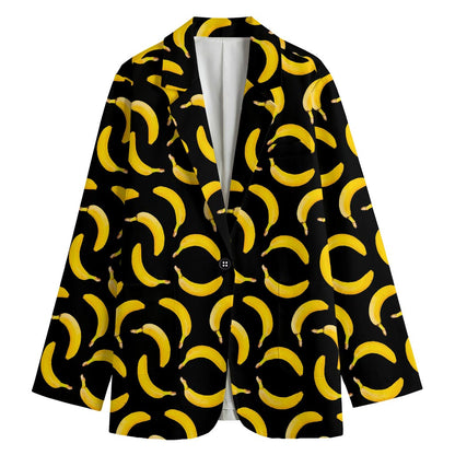 Black Banana Pattern Print Women's Cotton Blazer