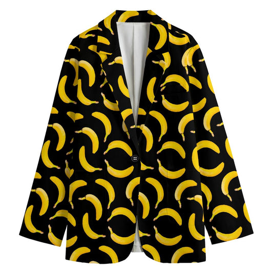 Black Banana Pattern Print Women's Cotton Blazer
