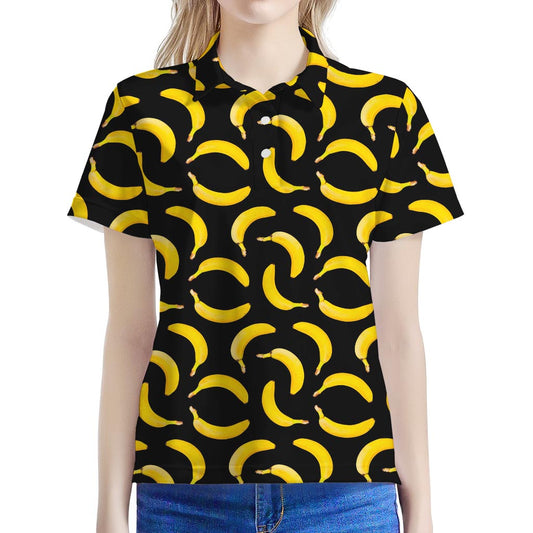 Black Banana Pattern Print Women's Polo Shirt
