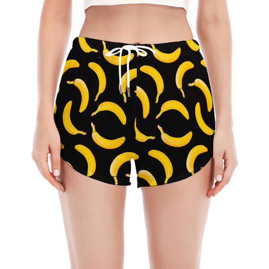 Black Banana Pattern Print Women's Split Running Shorts