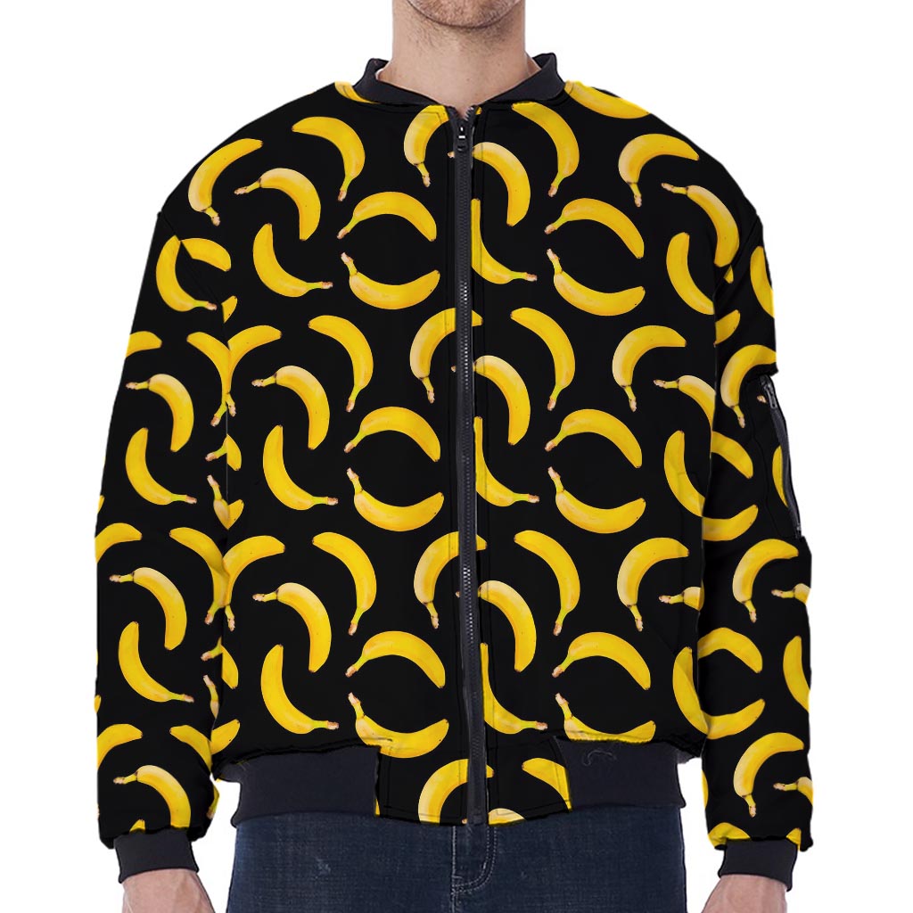 Black Banana Pattern Print Zip Sleeve Bomber Jacket