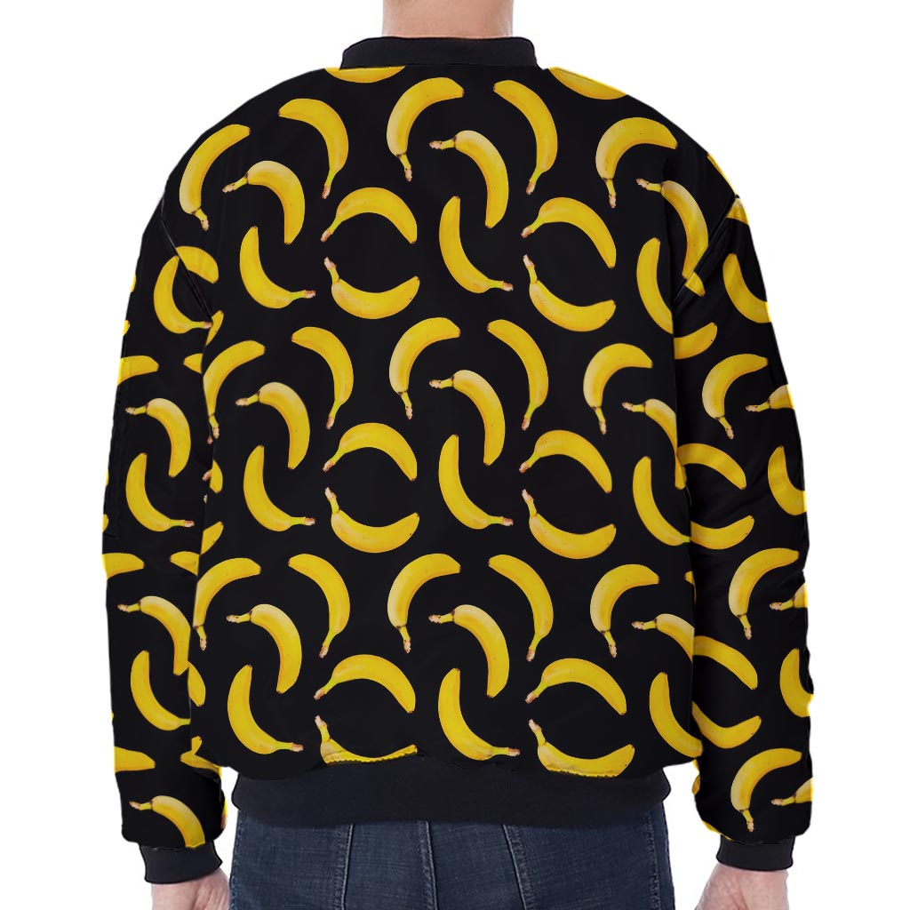 Black Banana Pattern Print Zip Sleeve Bomber Jacket