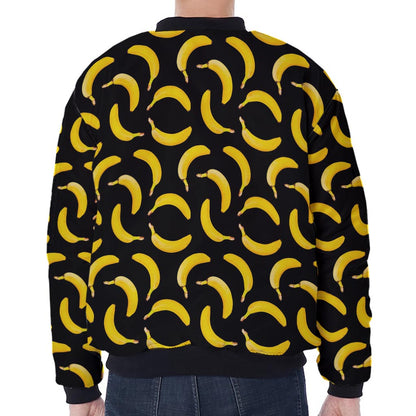 Black Banana Pattern Print Zip Sleeve Bomber Jacket