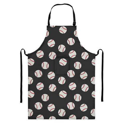 Black Baseball Pattern Print Bib Apron With Pocket