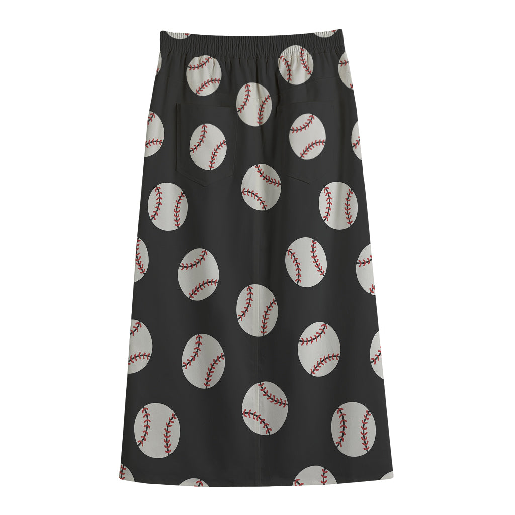 Black Baseball Pattern Print Cotton Front Slit Maxi Skirt