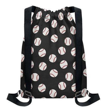 Black Baseball Pattern Print Drawstring Backpack