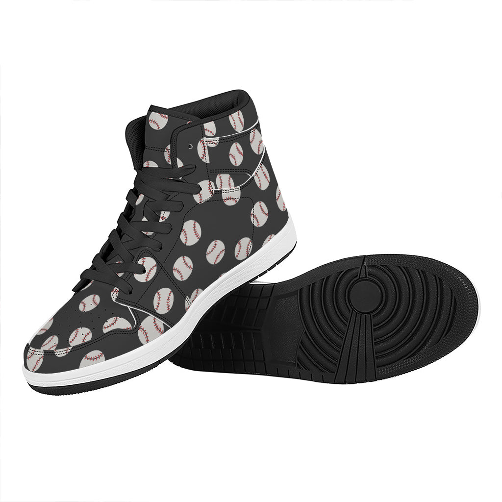Black Baseball Pattern Print High Top Leather Sneakers