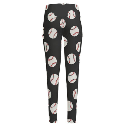 Black Baseball Pattern Print High-Waisted Pocket Leggings