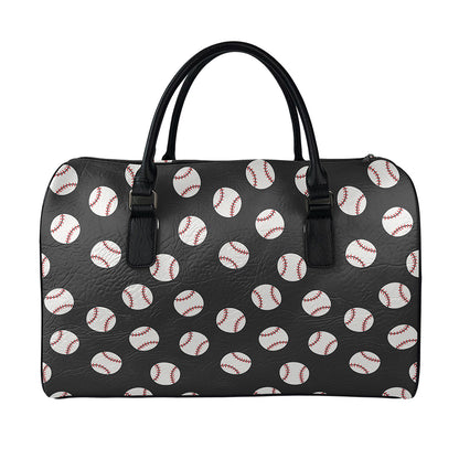 Black Baseball Pattern Print Leather Duffle Bag