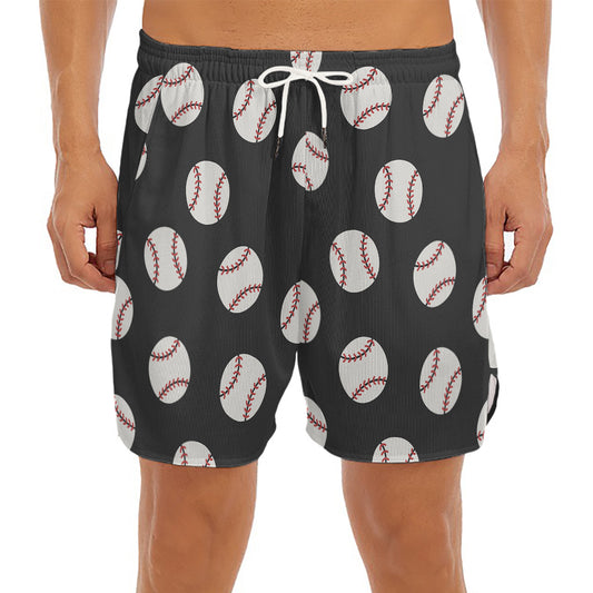 Black Baseball Pattern Print Men's Split Running Shorts