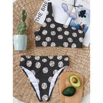 Black Baseball Pattern Print One Shoulder Bikini Top