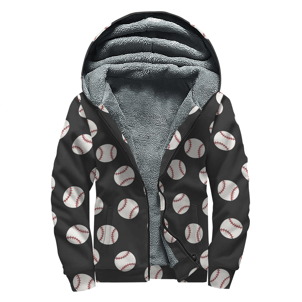 Black Baseball Pattern Print Sherpa Lined Zip Up Hoodie