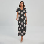 Black Baseball Pattern Print Short Sleeve Maxi Dress