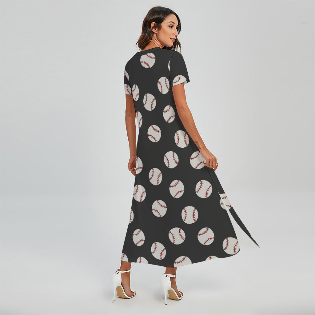chinese dress ladies Black Baseball Pattern Print Short Sleeve Maxi Dress