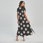 Black Baseball Pattern Print Short Sleeve Maxi Dress