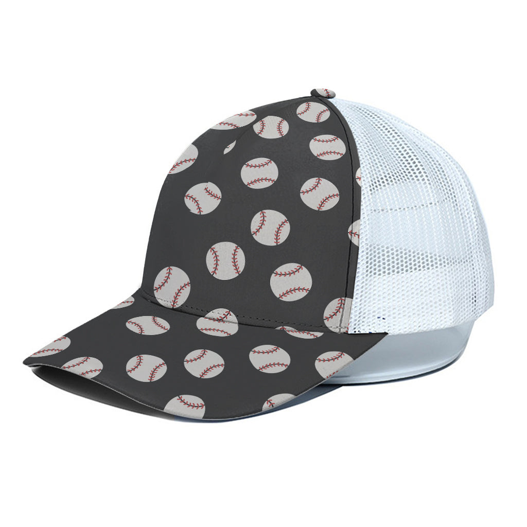 Black Baseball Pattern Print White Mesh Trucker Cap