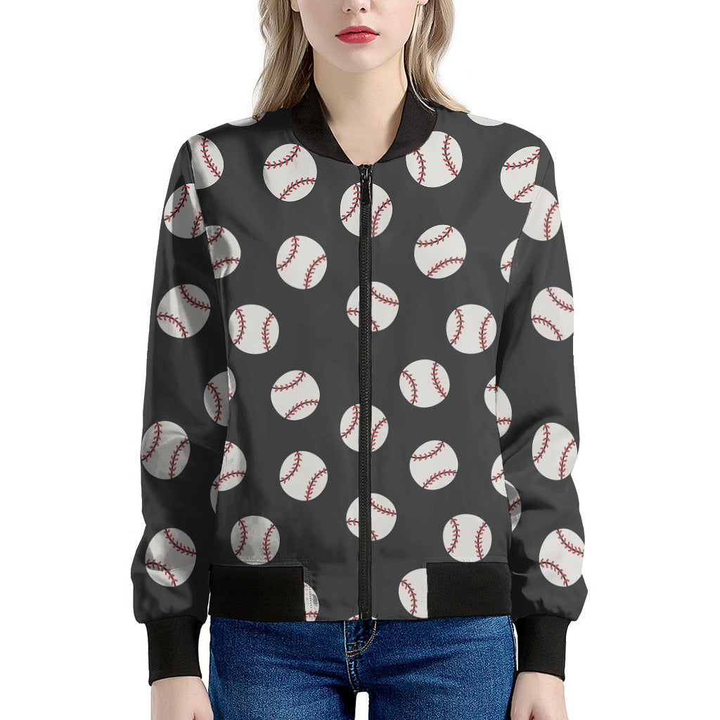 Black Baseball Pattern Print Women's Bomber Jacket