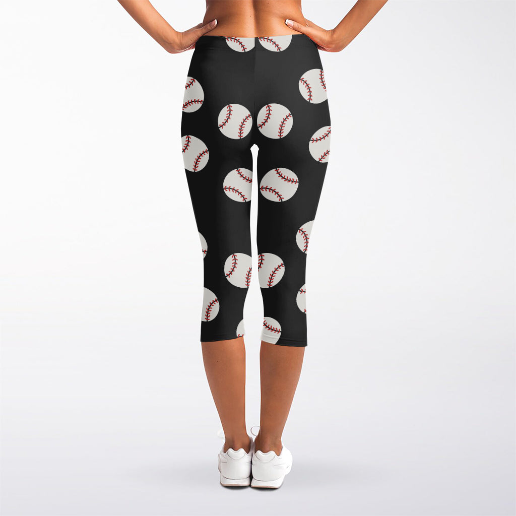 Black Baseball Pattern Print Women's Capri Leggings