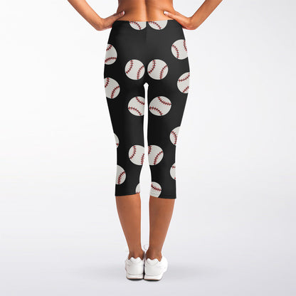 Black Baseball Pattern Print Women's Capri Leggings
