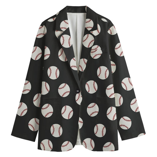 Black Baseball Pattern Print Women's Cotton Blazer