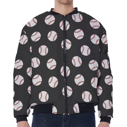 Black Baseball Pattern Print Zip Sleeve Bomber Jacket
