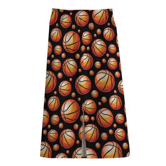 Black Basketball Pattern Print Cotton Front Slit Maxi Skirt