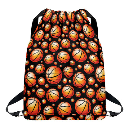 Black Basketball Pattern Print Drawstring Backpack