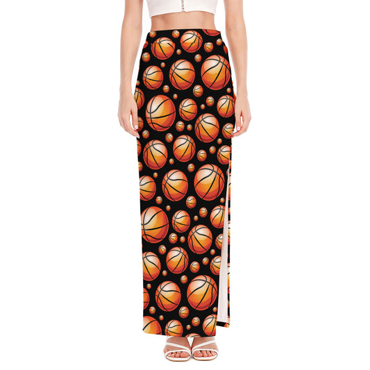 Black Basketball Pattern Print High Slit Maxi Skirt