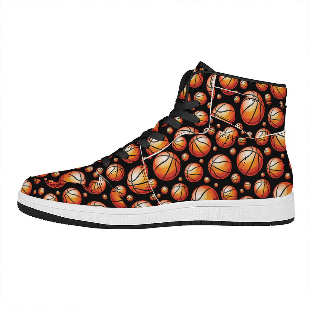 Black Basketball Pattern Print High Top Leather Sneakers