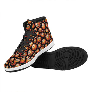 Black Basketball Pattern Print High Top Leather Sneakers