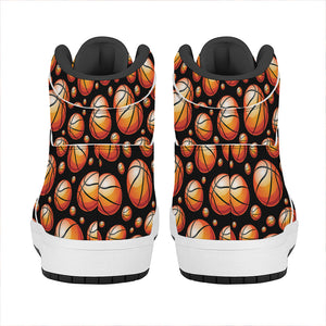 Black Basketball Pattern Print High Top Leather Sneakers