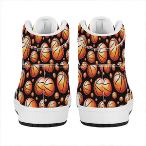 Black Basketball Pattern Print High Top Leather Sneakers