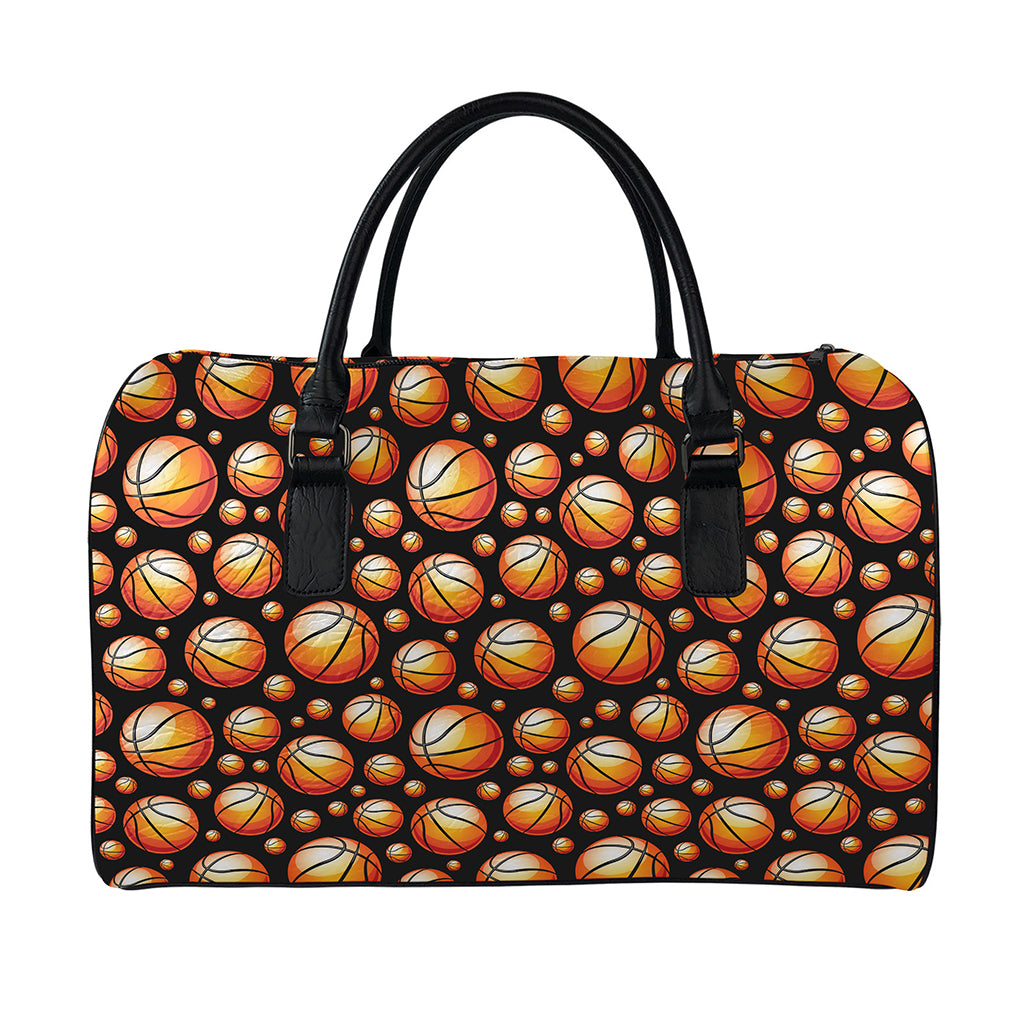 Black Basketball Pattern Print Leather Duffle Bag