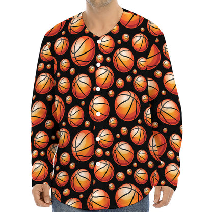 Black Basketball Pattern Print Long Sleeve Baseball Jersey